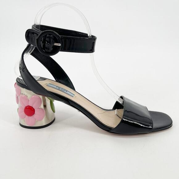 Prada Black Patent Leather Ankle Strap Flower Block Heel Sandal size IT 40 - Picture 3 of 12